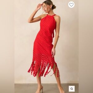 Red Dress Boutique Red Crochet Halter Fringe Midi